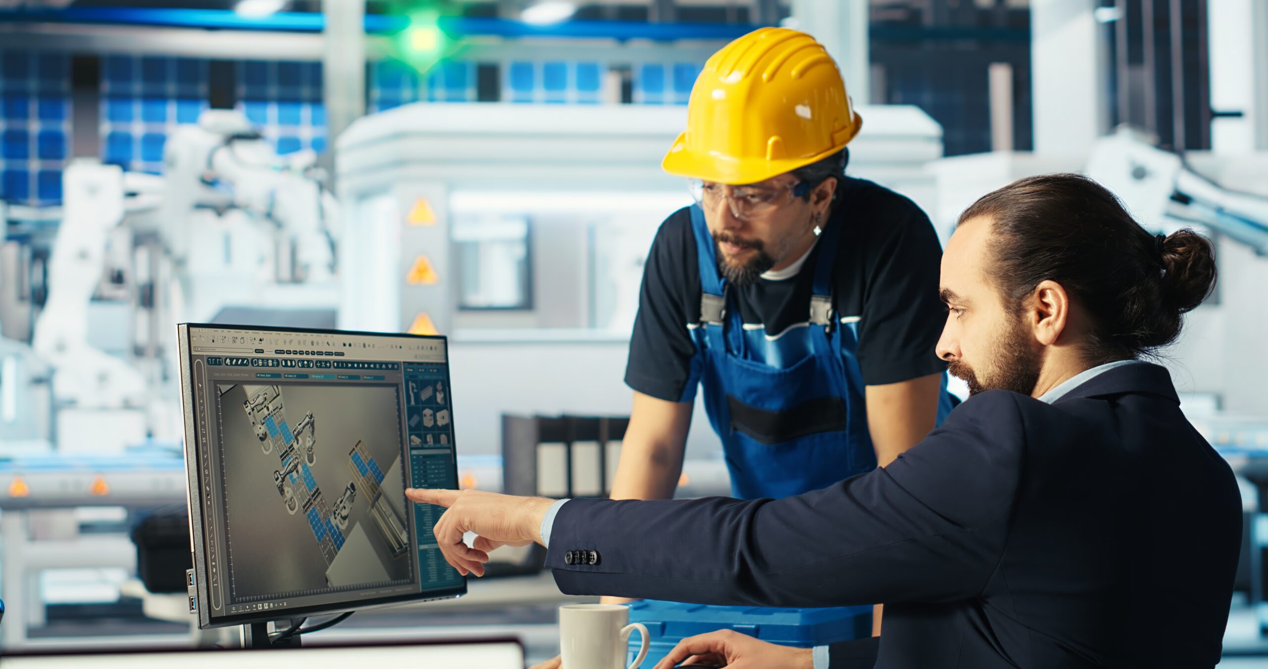 photovoltaics factory researcher telling worker how to improve efficiency